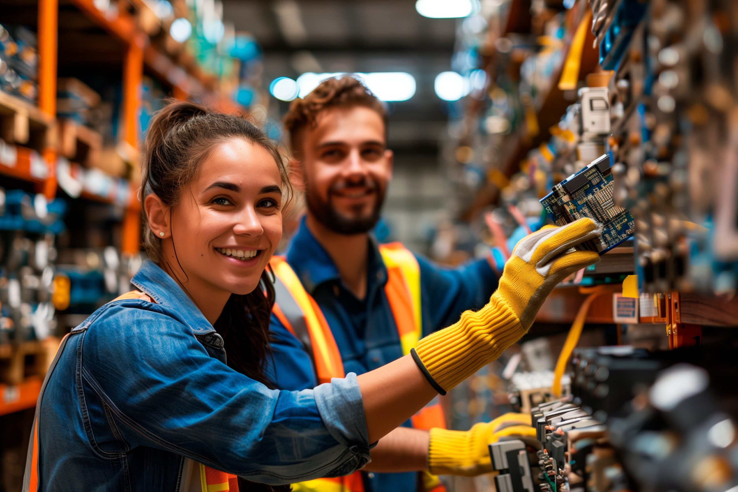 Two warehouse workers in safety vests and gloves smiling while organizing electronic components on shelves in an industrial warehouse